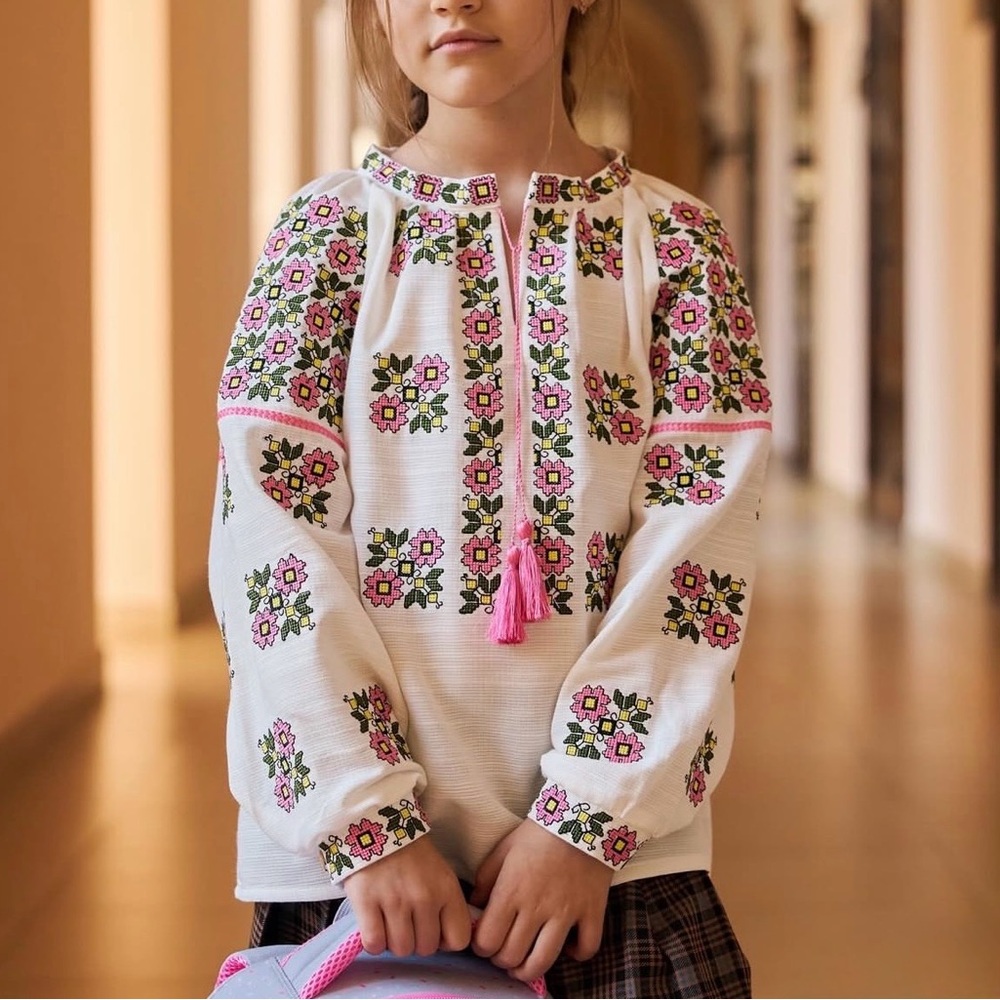 Kids Embroidered Blouse with Pink Floral Accents